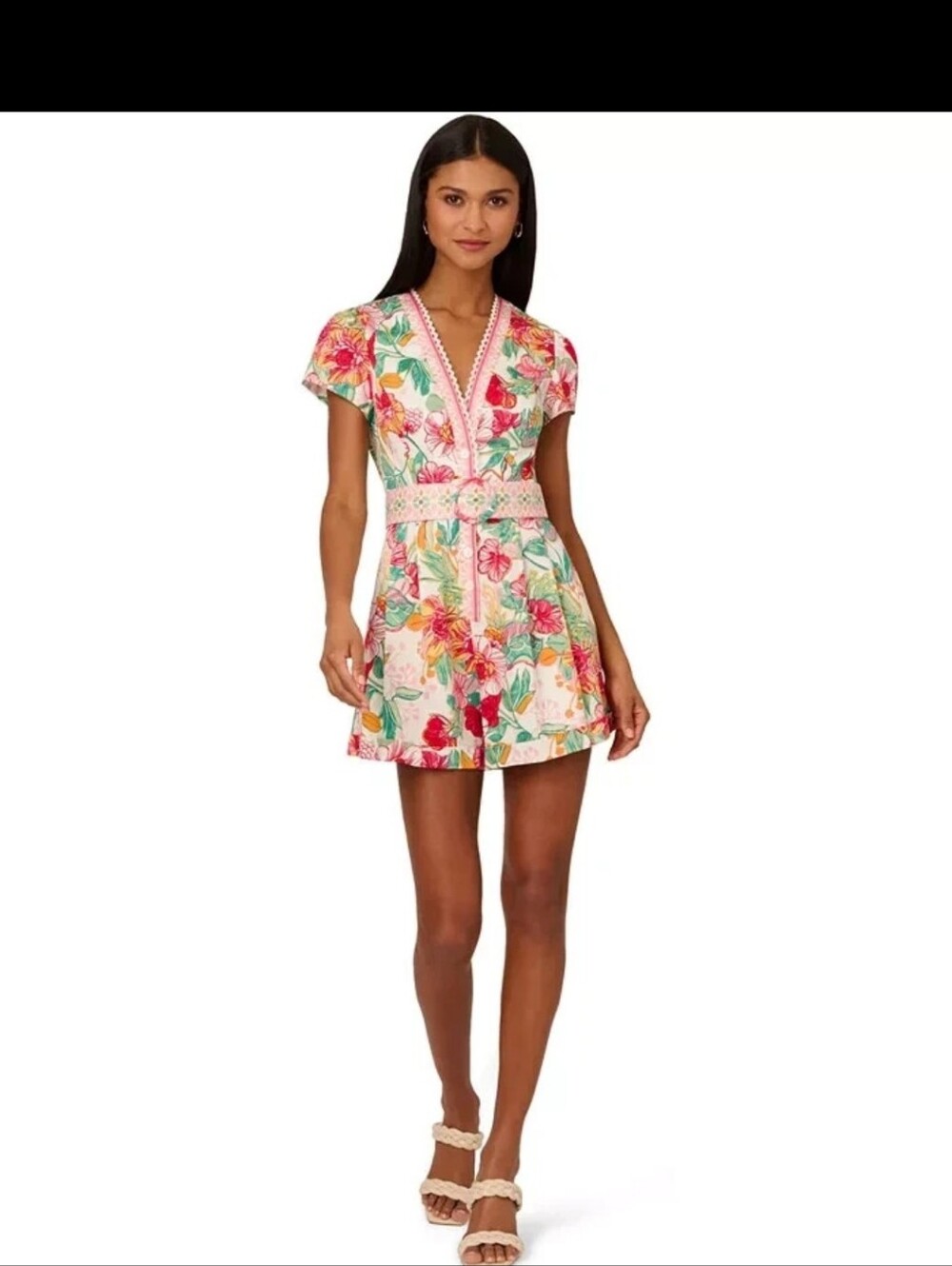 Adrianna Papell Floral Printed Romper Pink Green Lace Trim Belted Women’s US 10